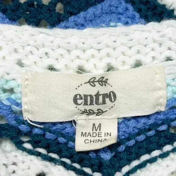 Entro Ivory and Cornflower Chevron Crochet Knit Bohemian Top Size M - Picture 9 of 10